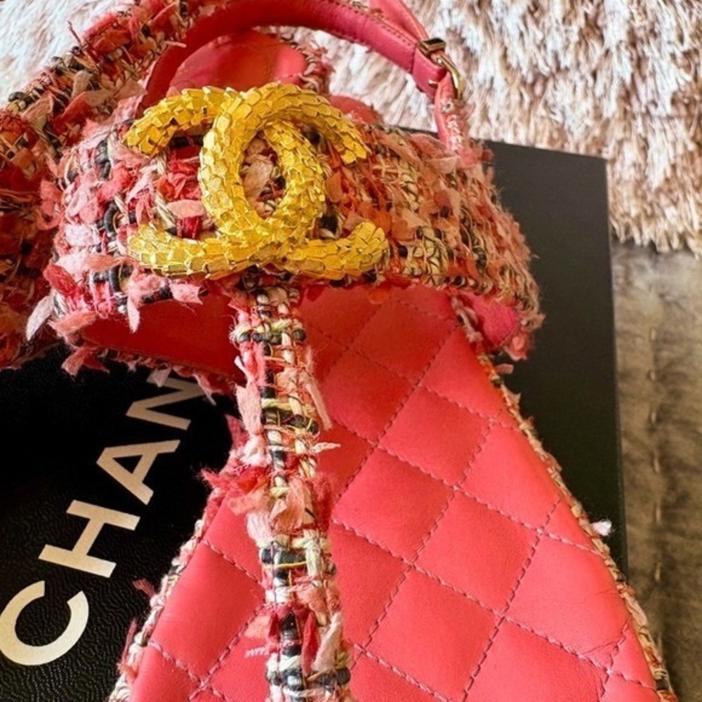 CHANEL Pink Tweed Sandals • Gold CC Logo • Size 37.5 EU • US Size Worn 1X w/ Box - Picture 5 of 15